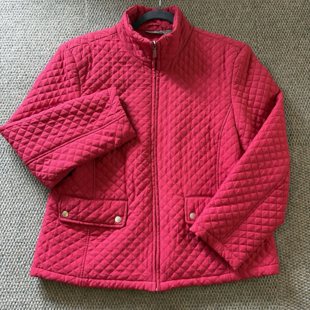 Jane Ashley Womens L Quilted Jacket Red Full Zip Snap Pockets Lightweight